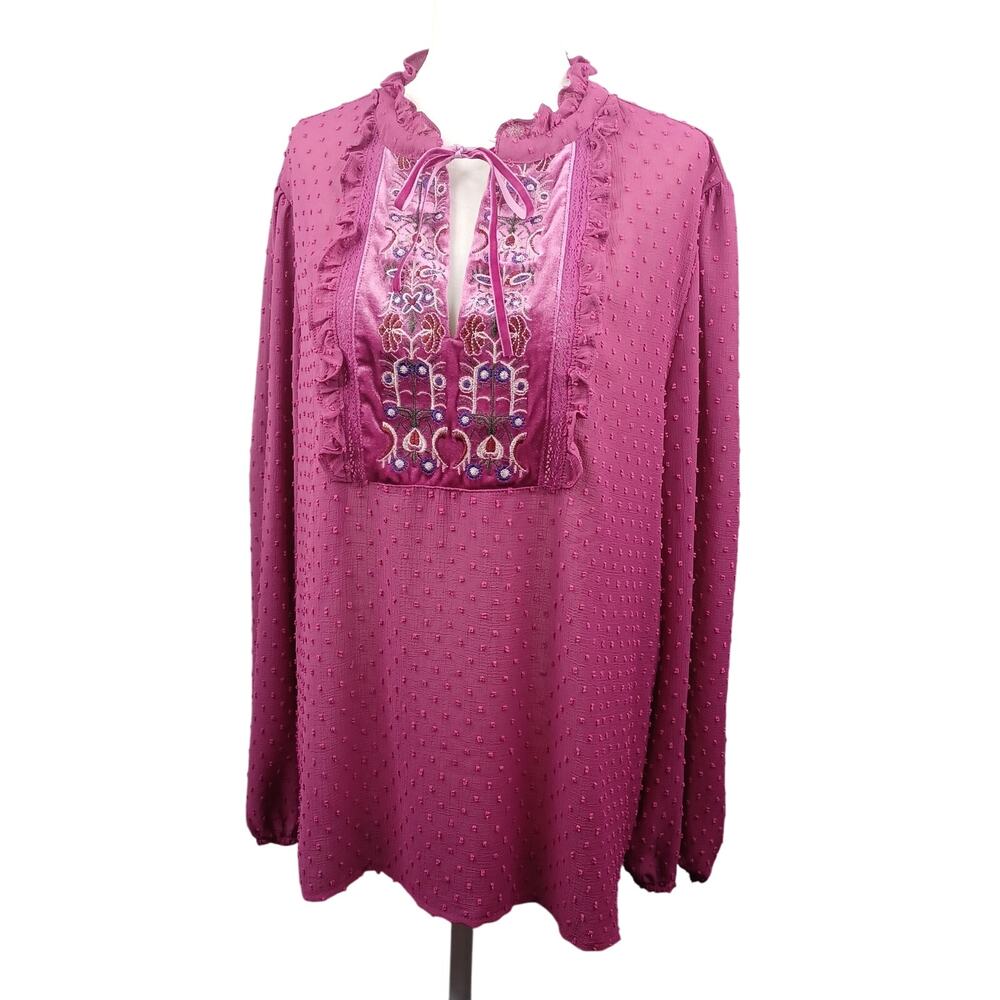 Cato Womens Peasant Top Velvet Crochet Ruffle Size XL Pink Swiss Dot Coquette